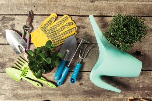 This image displays a collection of gardening tools arranged on a weathered wooden surface, including a pair of yellow gardening gloves, small hand trowel, transplanter, and hand rake, all with blue handles. Additionally, there is a pair of pruning shears with purple handles, a green hose nozzle, and a small potted plant with lush green foliage placed near a light blue watering can. The scene suggests outdoor gardening activity, with a focus on preparing tools for lawn and garden maintenance, typical of gardening services in Lewisham or nearby areas within the Lewisham postcode district. The natural tones of the wooden background and greenery emphasize the outdoor environment, while the clean arrangement of tools indicates readiness for garden care tasks such as planting, watering, and soil cultivation. The overall setup underscores professional gardening services offered by companies like Lawn Mowing Lewisham in the local London Borough of Lewisham, supporting lawn care and garden maintenance needs.